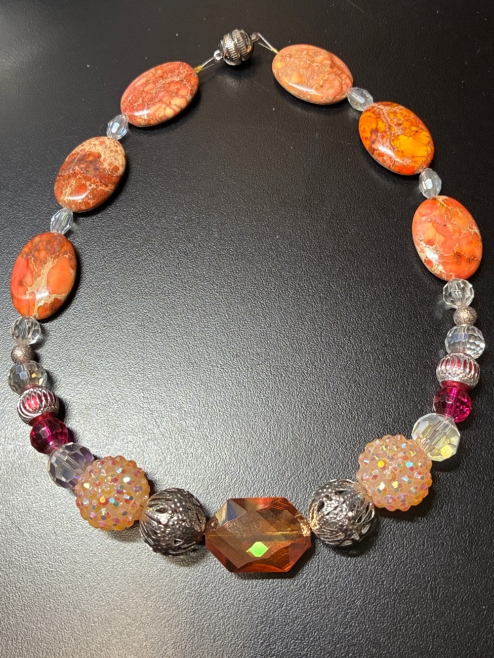 Handcrafted Orange art Beaded Statement orange gemstone magnetic clasp Necklace